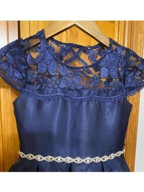 Rare Editions Navy Floral Lace Bodice Dress with Rhinestone Belt